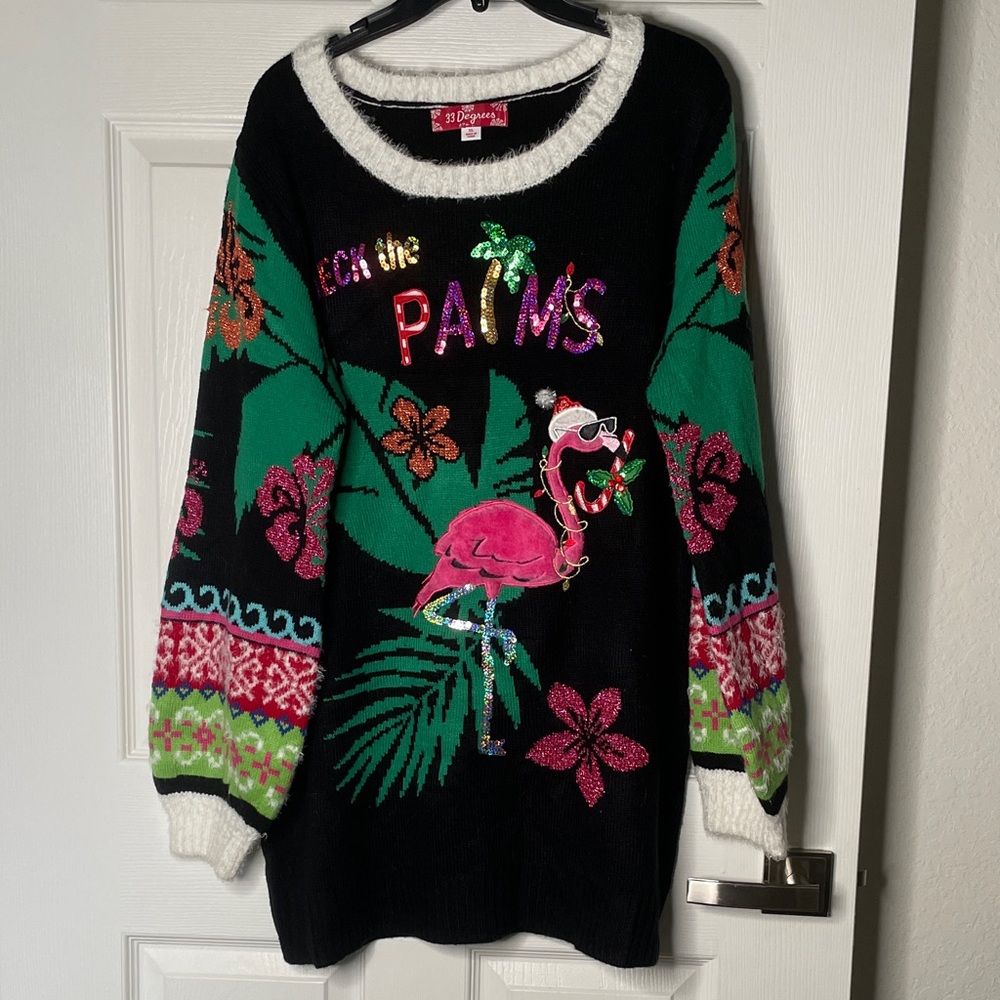 33 Degrees Deck The Palms Sequin Flamingo Ugly Christmas Knit Sweater